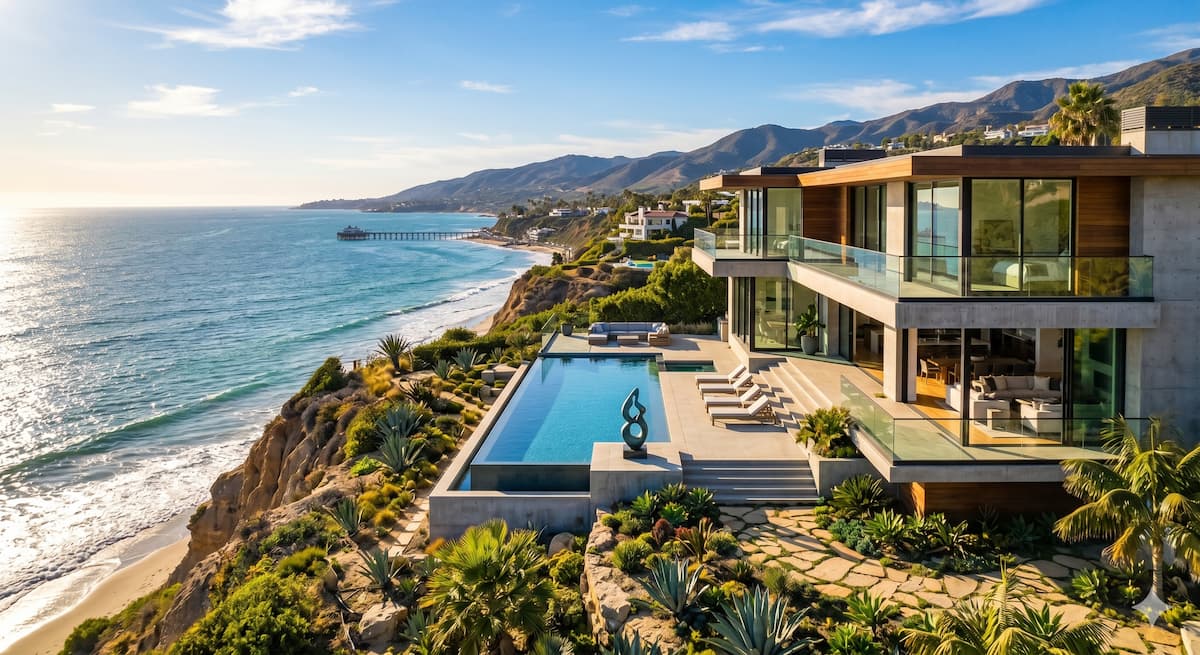 A luxury modern estate overlooking the Pacific Ocean in Malibu, California, symbolizing high-value home equity optimization.